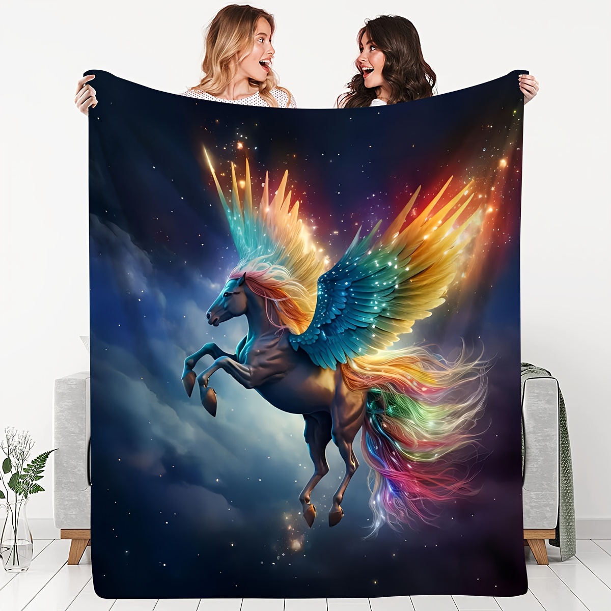 

1pc Creative Text Flying Horse Gift Blanket For Fans Of Fantasy Starry Sky Friends Soft Blanket Flannel Blanket