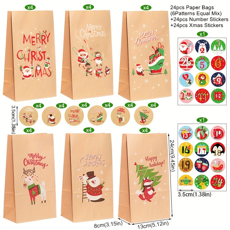 Image of 24 Sets Advent Calendars Christmas Gift Bags Vintage Paper Bags With Number Stickers Countdown To Christmas Treat Bag For Xmas Party Supplies Gift Wrapping Decorations