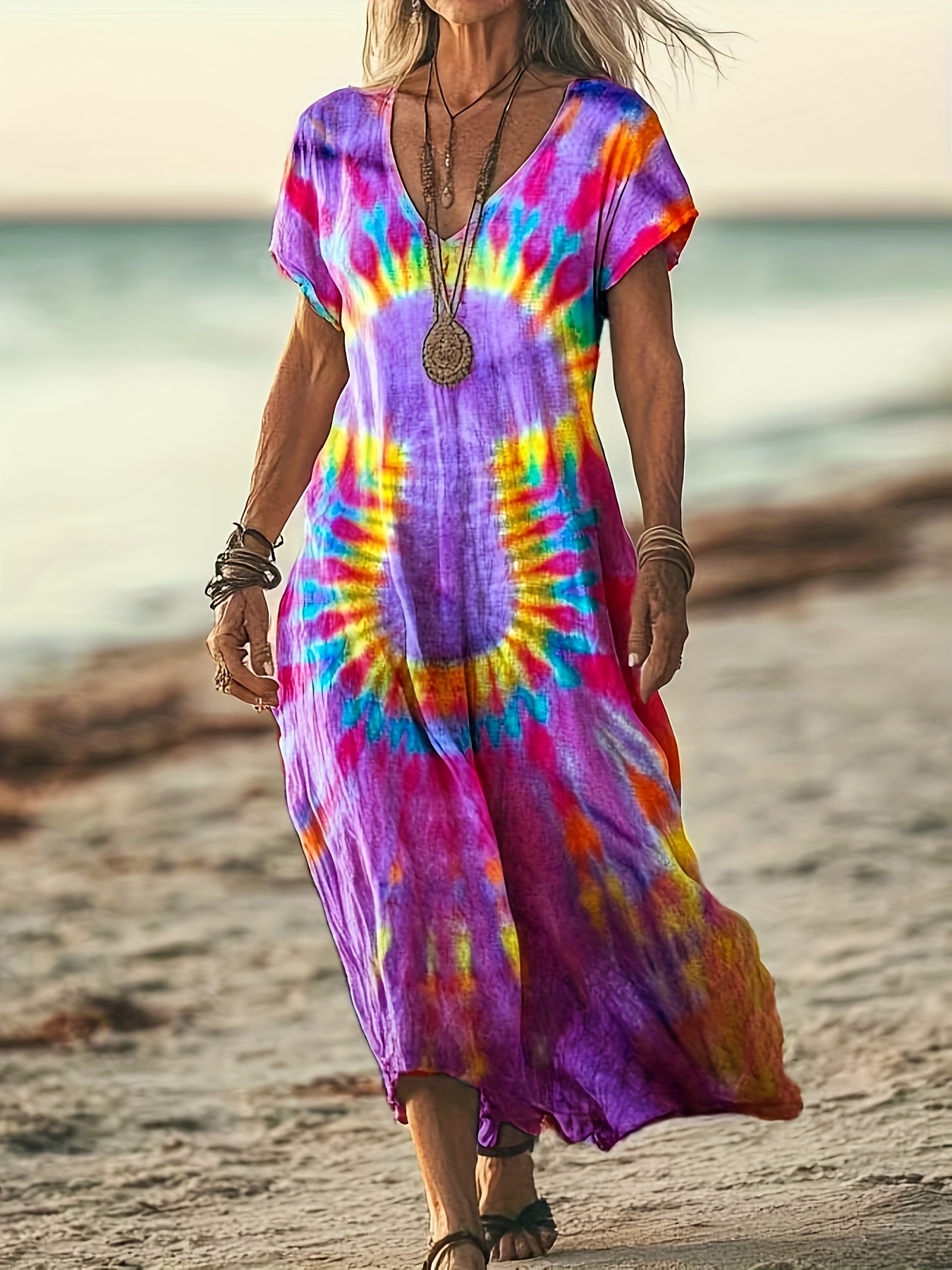 vibrant tie dye print v neck maxi dress women casual short - Temu Hungary