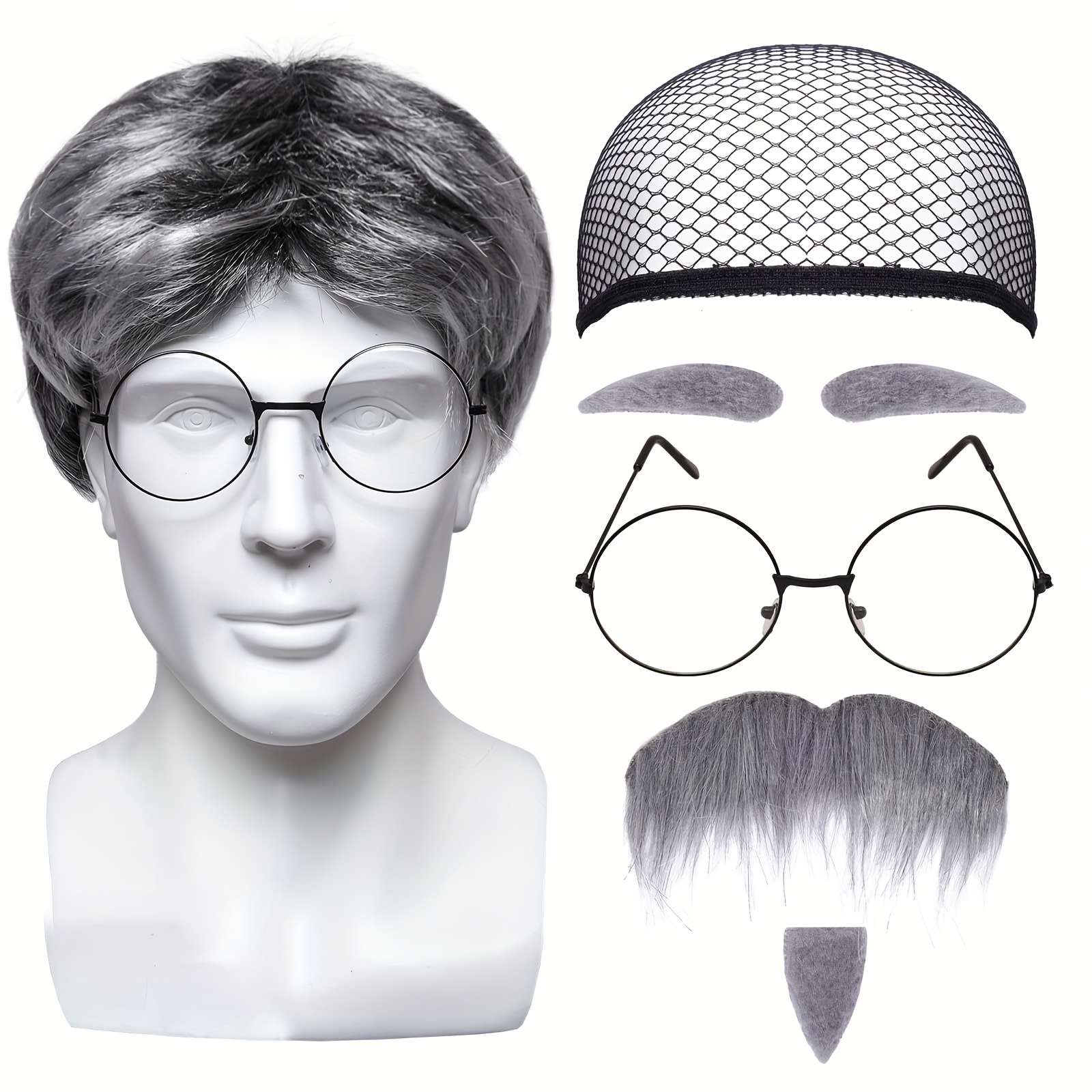 Disfraz De Anciano Y Científico Loco – Peluca Blanca, Gafas, Bigote Y Cejas – Set De 5 Piezas Para Halloween Y Cosplay
