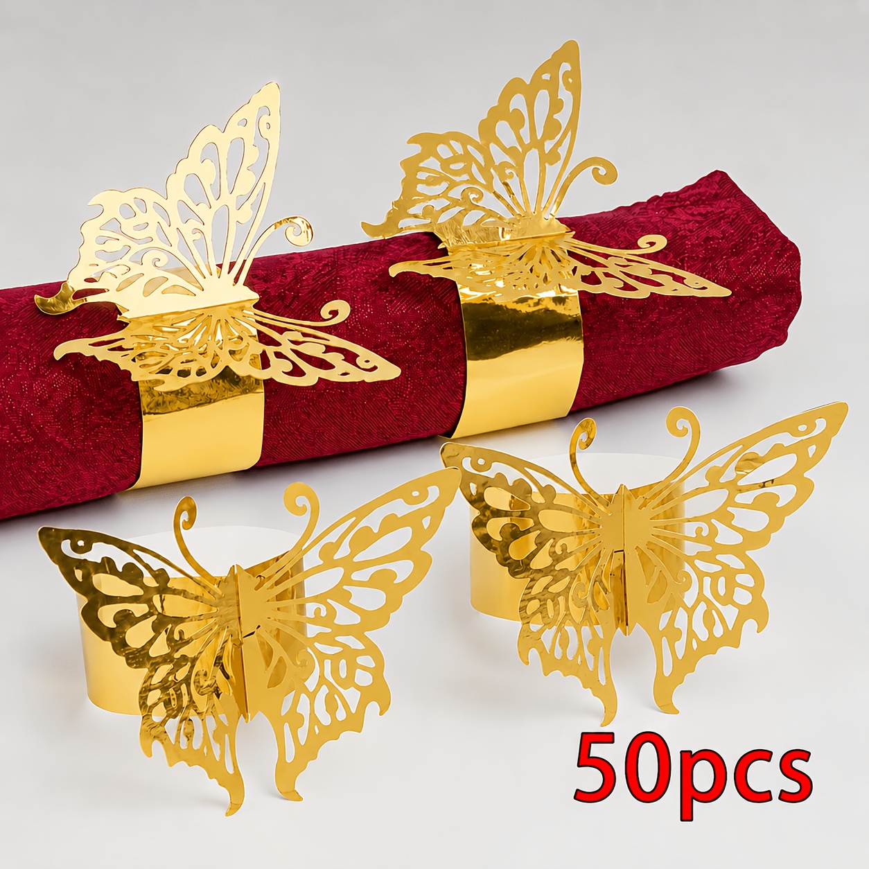 TEMU Lot de 50 ronds de serviette papillon dorés pour décorations de table de mariage, anniversaire, banquet - Porte-serviettes creux élégants avec