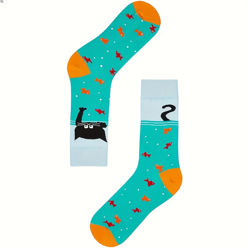 

1 paire de chaussettes en polyester tricoté pour femmes, longueur genou, avec motif de chat pêchant, imprimé animal confortable et respirant, lavable à .