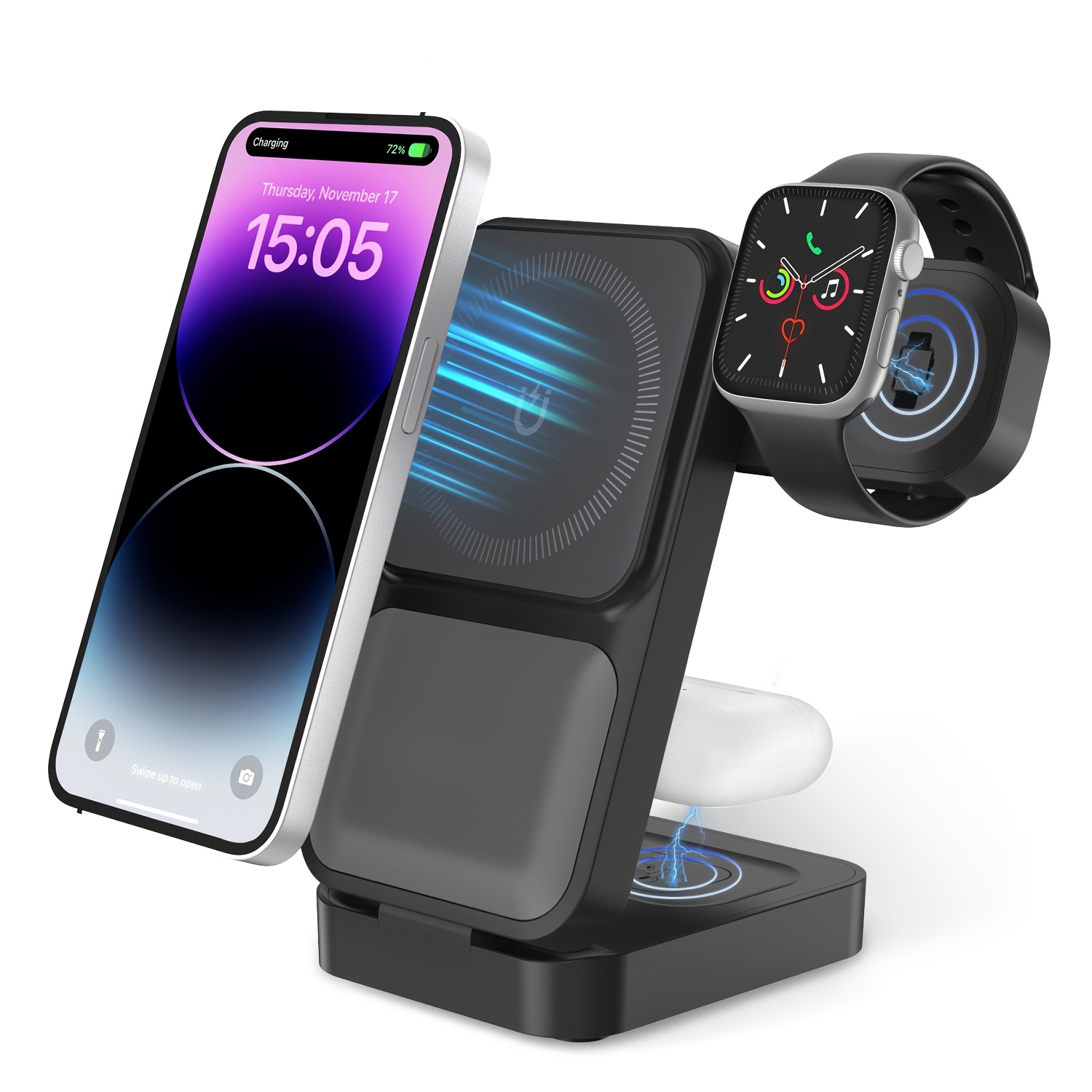 Meynorway 3in 1 Foldable Wireless Charging Station For Mag-safe, Travel Magnetic Charger Stand For Iphone 16 15 14 Pro Max, Nightstand Charging Dock For Iwatch 2/ -4 Pro