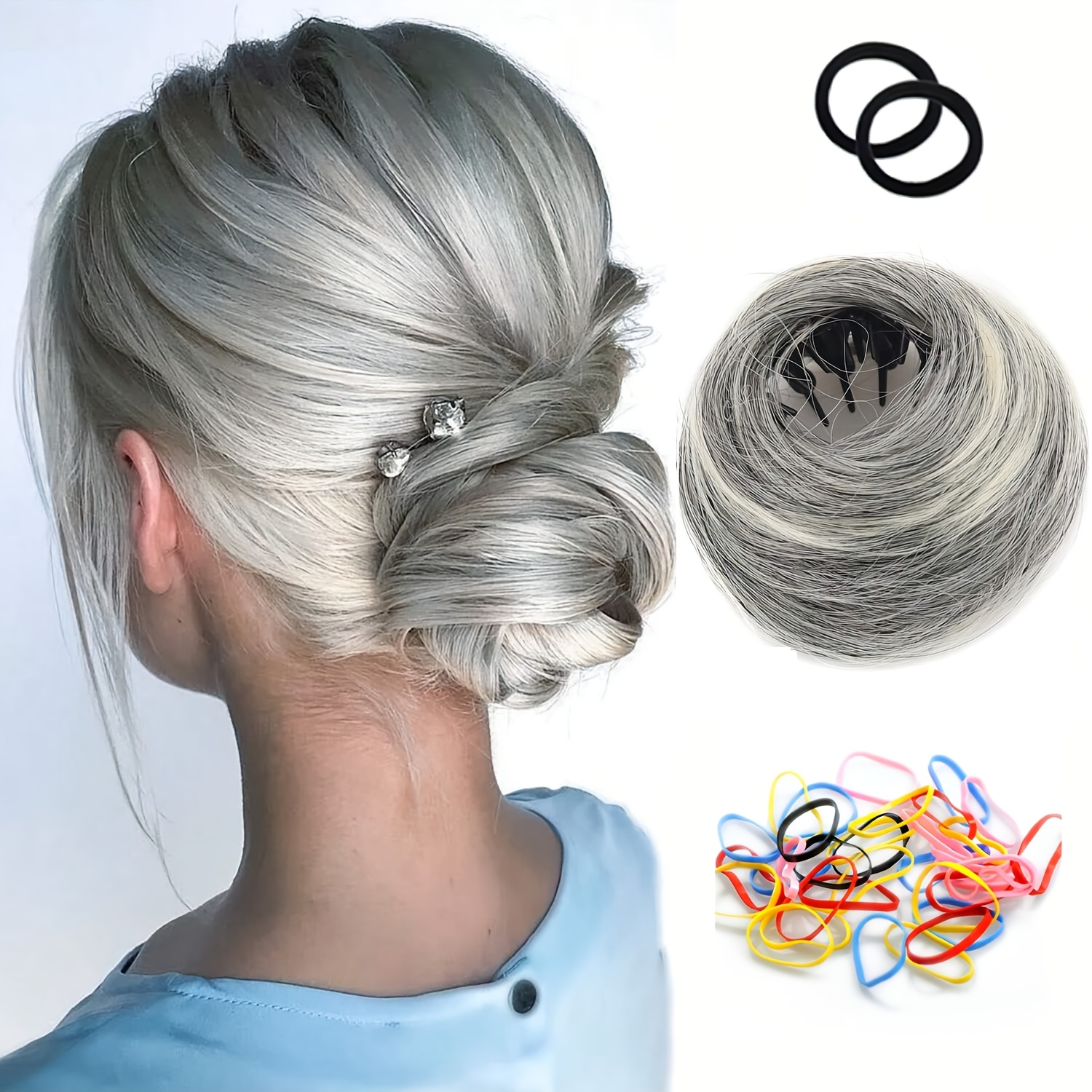 TEMU Elegante Magische Haarknoop Maker 4 Inch Synthetische Haarclip Verstekkingen en Kleurrijke Elastische Band, Hoge Temperatuur Fiber Opsteekkapsel