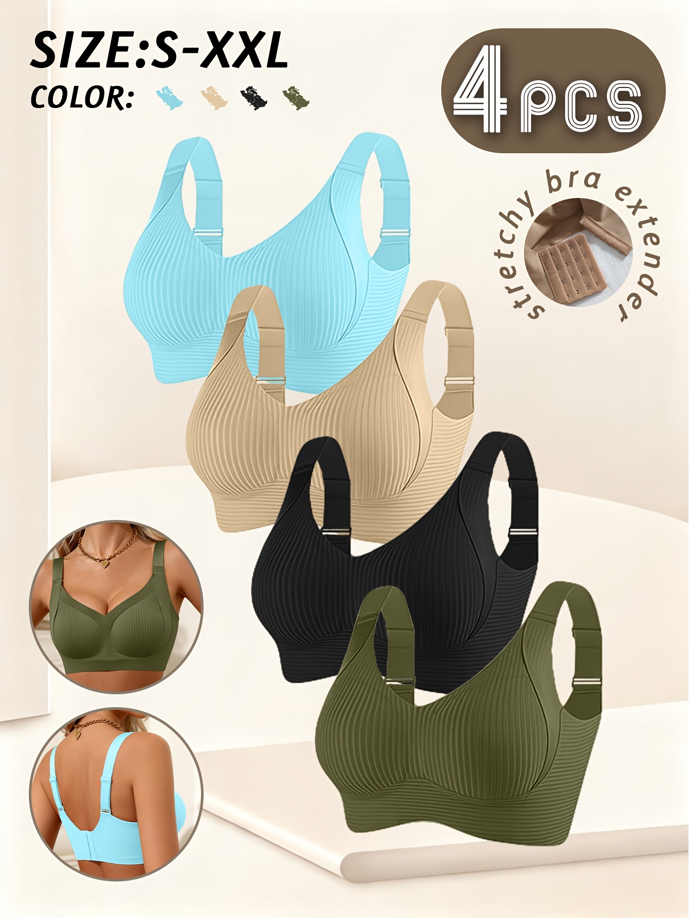 Women's 4pc Wire-Free Bralette Set, Full-Coverage Push-Up