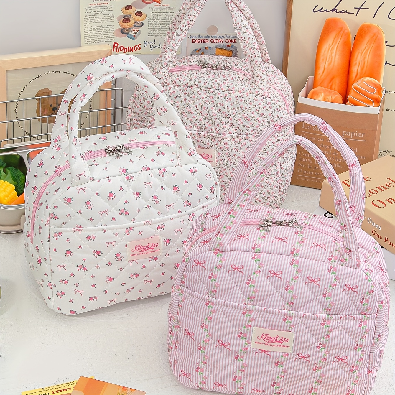  isolierter lunchbeutel mit großem fassungsvermögen - niedliche blumen-tasche mit erdbeer- &  -print, wiederverwendbarer thermokühler für arbeit, reisen, picknick - strapazierfähiges polyester (nicht-lebensmittelkontakt), lunchtaschen für arbeit, picknick-essentials, verspieltes design