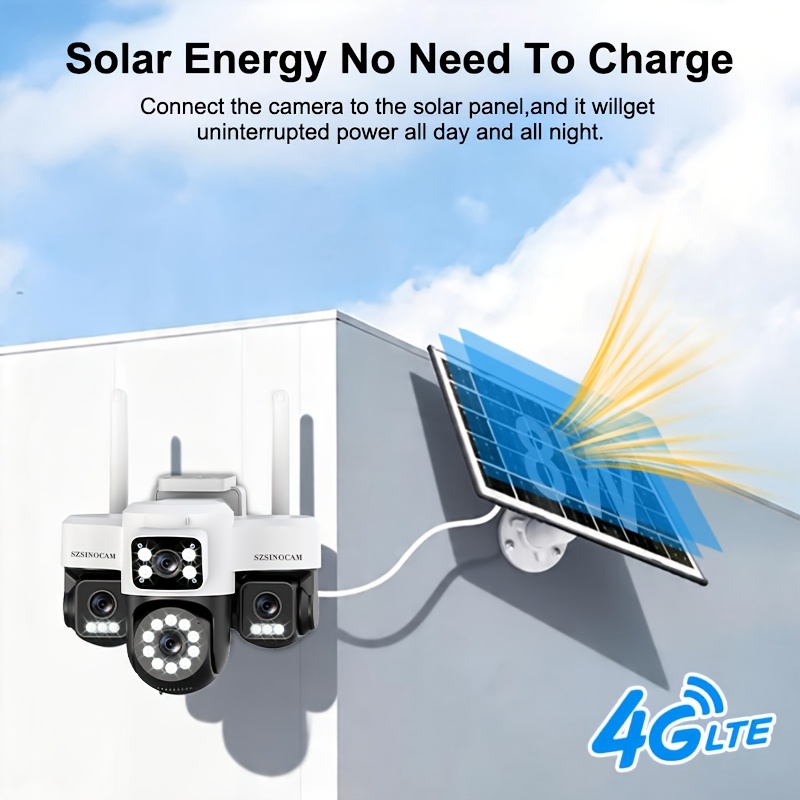 Cámara de seguridad exterior solar 4G AOV con 4 lentes y 4 pantallas 1296P, compatible con grabación 7*24H, con cuatro lentes y vista cuádruple, videovigilancia CCTV, rotación PTZ 360° panorámica/inclinable, seguimiento de movimiento, detección humana PIR, audio bidireccional, visión nocturna a todo