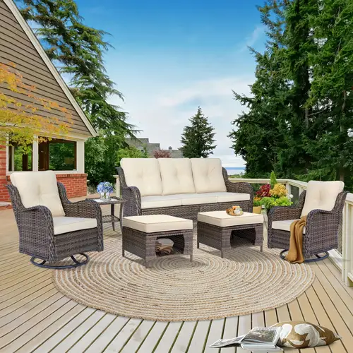 outdoor patio furniture bistro set including 2 swivel rocker chairs 1 high back sofa 2 ottomans 1 tempered glass coffee table all weather material brown wicker with beige cushions patio conversation set for outdoor porch courtyard garden