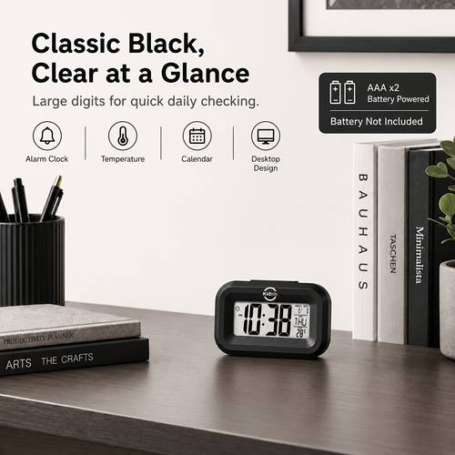 imagen del artículo , reloj de mesa de noche de sobremesa a pilas con pantalla , monitor de interior, calendario y visualización de , reloj de mesa compacto para dormitorio, y viaje, funciona con 2 pilas aaa, pilas no incluidas