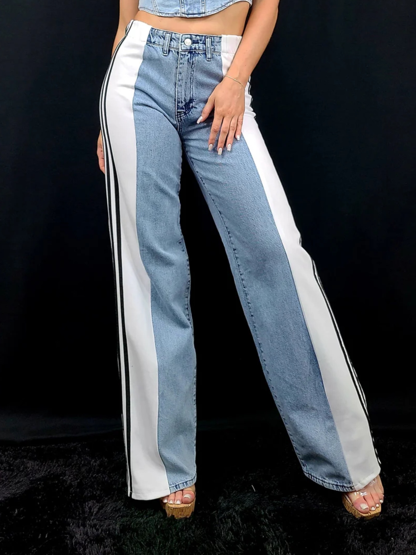 Women's High-Waisted Loose Wide Leg Jeans Side Striped Casual Pants with  Stretchy Polyester Machine Washable