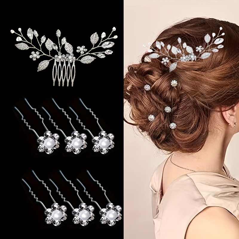 E-shop 7-teiliges Braut Haarspangen Strass Braut Haarteile Damen Kristall Haarverzierungen Eingefasst mit Strasssteinen und künstlichen Blumen Braut