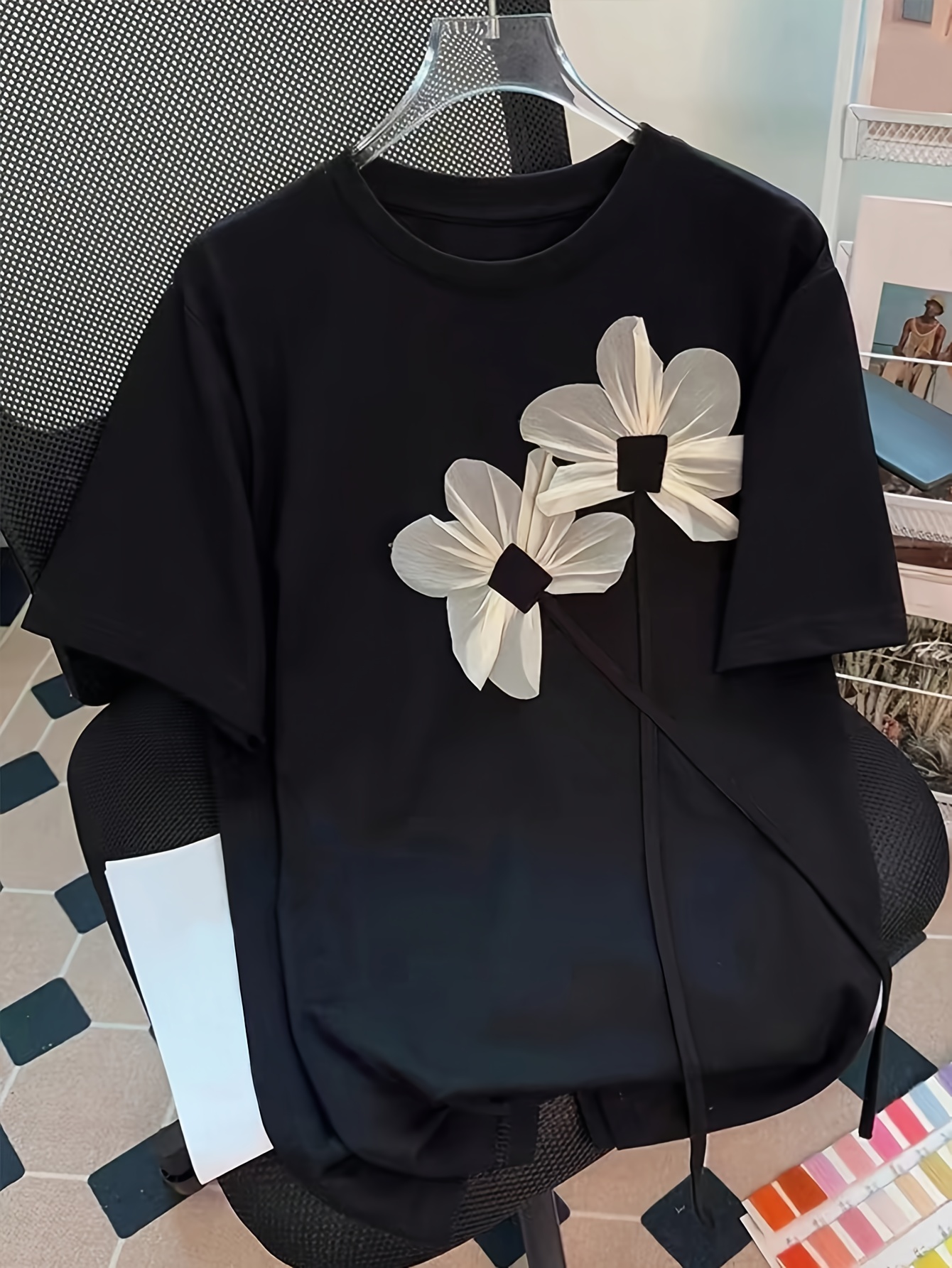 Women's Casual Short Sleeve Round Neck T-Shirt - Black with White Floral Applique, Medium Stretch Regular Fit Summer Top, Machine Washable, Ladies T Shirts, Everyday Top, Stylish Top, Breathable Material, Pullover Shirt, Stylish Women