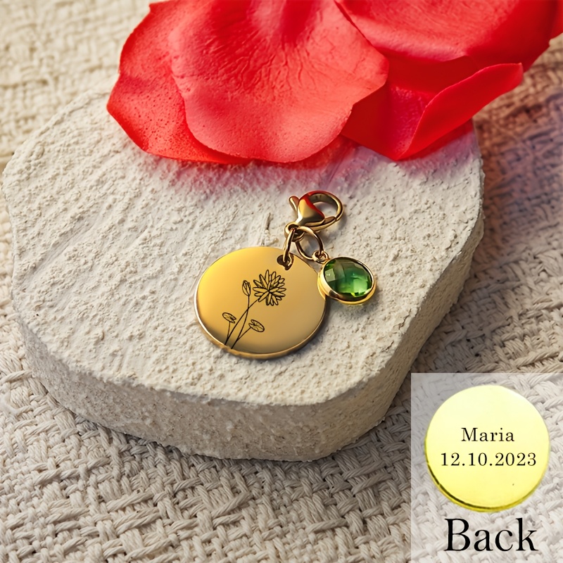 Personalized 304 Stainless Steel Birthstone & Flower Charm Pendant Necklace