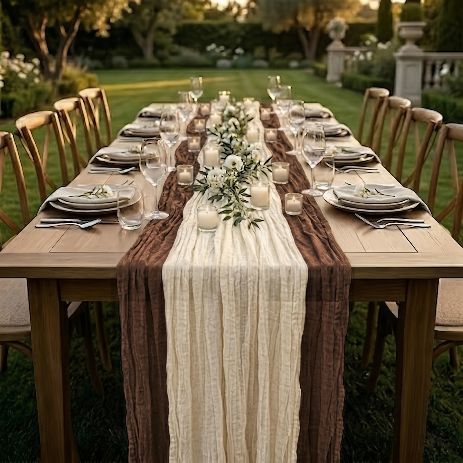 TEMU 2pcs Set And Beige Cheesecloth Table Runner, Rustic Sheer Bohemian Table S, Suitable For Spring/summer Mother's Day Table Decor, Bridal Wedding