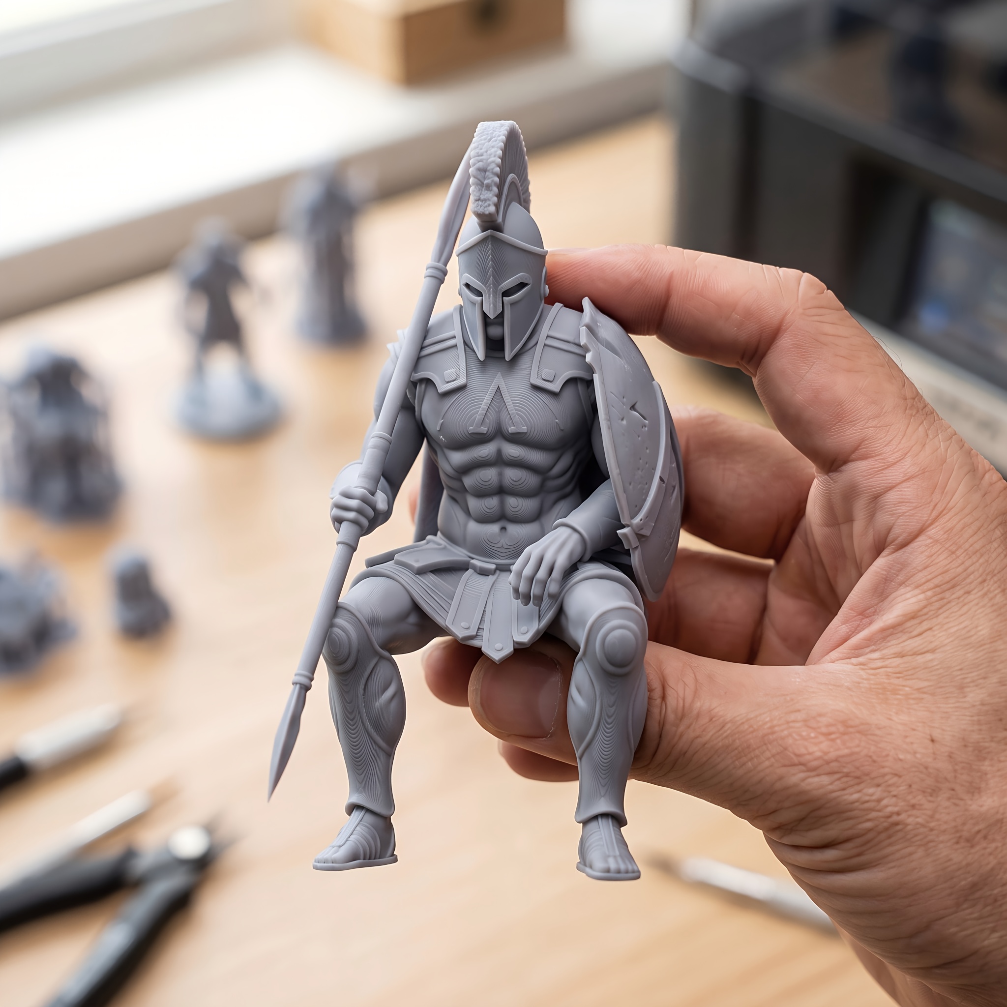 TEMU 1pc Gray Spartan Warrior Collectible Figurine, Ancient Greek Heavy Infantry Sculpture With Spear And Shield, Classic Historical Style, Exquisite