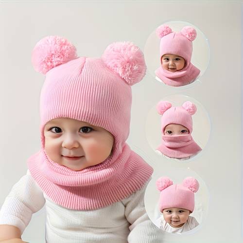 1pc 0 3 years comfortable balaclava beanie with pom pom and neck warmer soft and stretchy knitted winter hat white with black stripes autumn and winter birthday occasions casual wear holiday gifts festive gift items