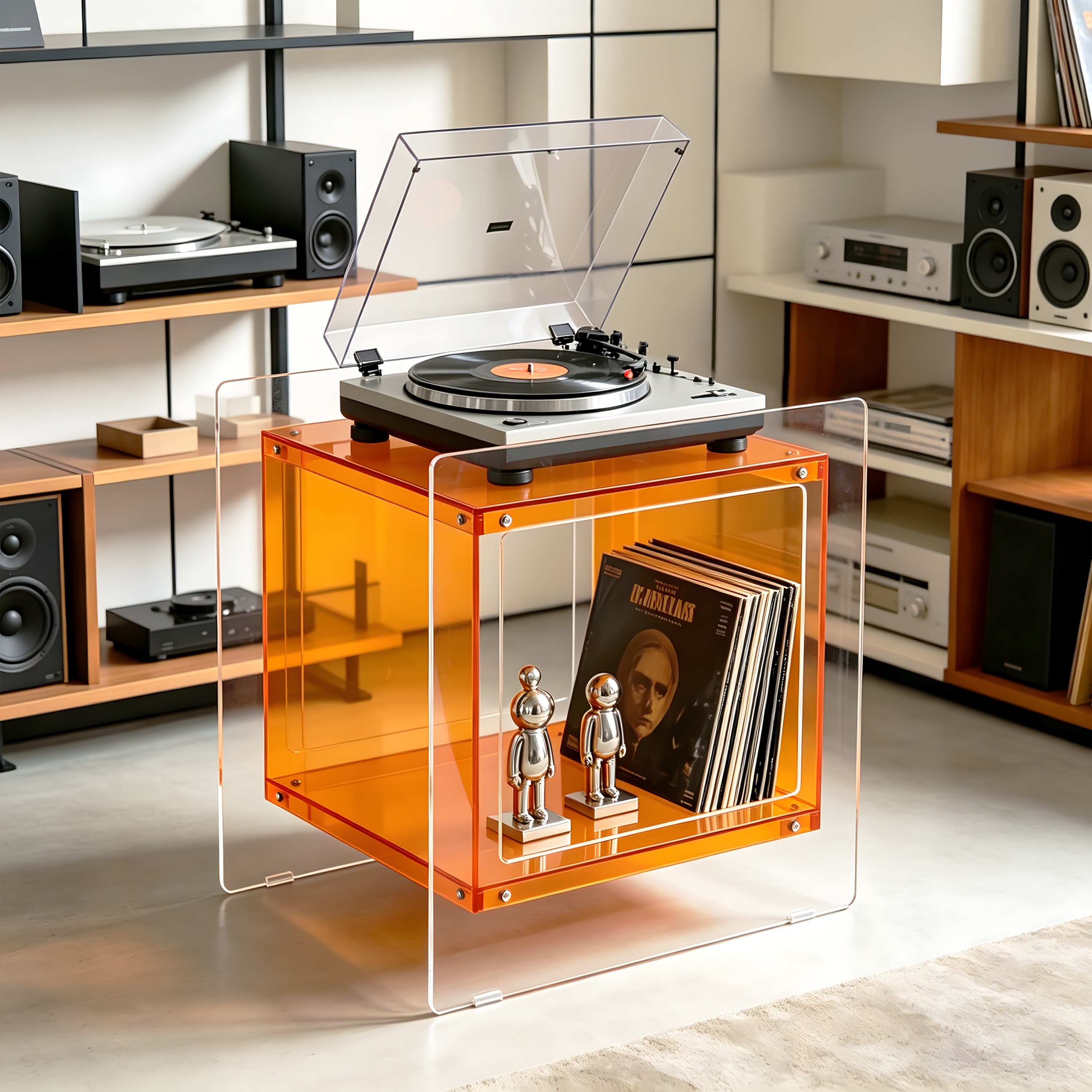 Image of 1pc Acrylic Side Table, Colorful Cube End Table For Living Room Bedroom, Floating Effect Record Player Nightstand, Modern Accent Furniture - Light Green/orange/red