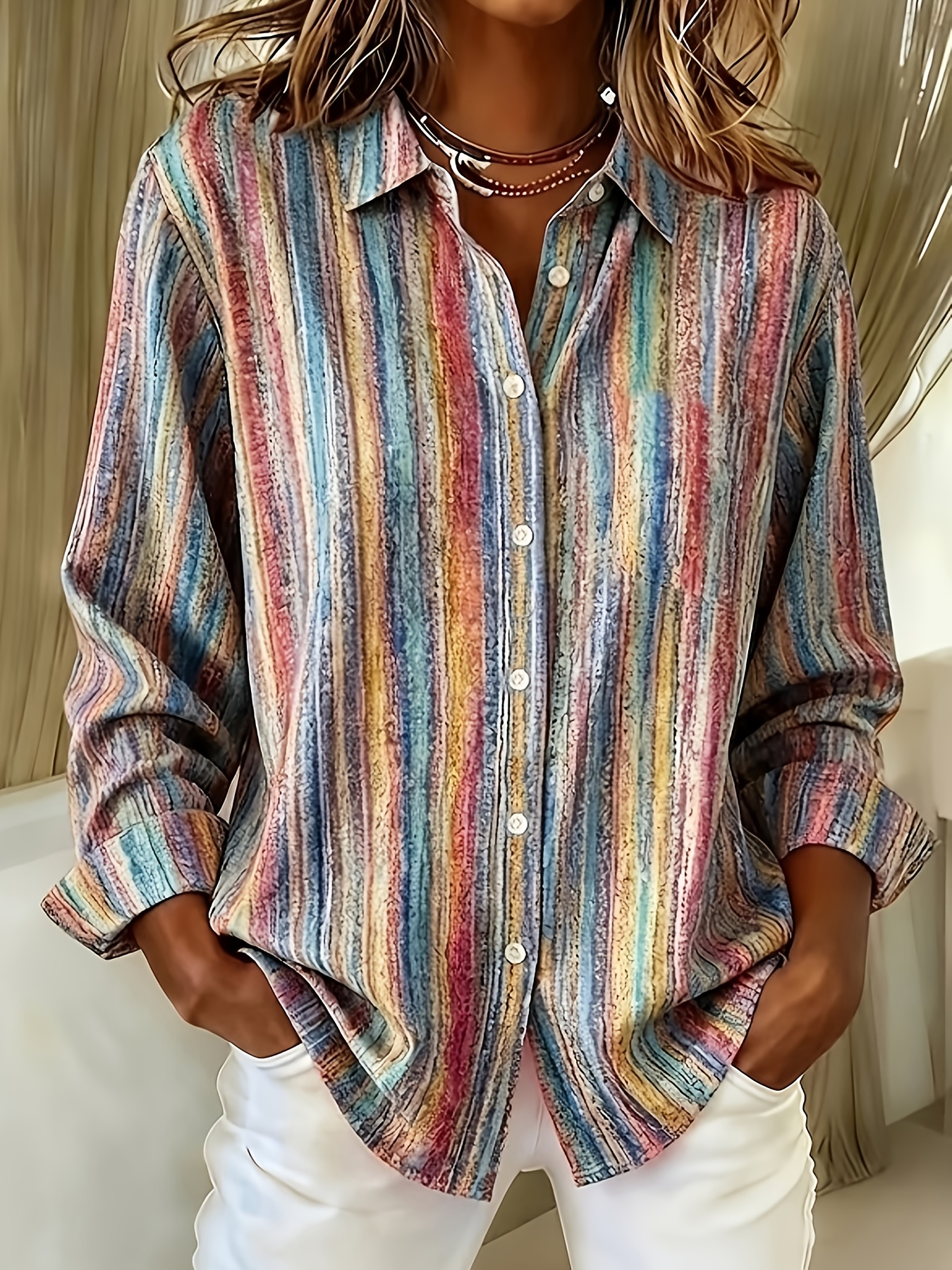 elegant special edition womens printed striped shirt long sleeve button shirt with classic collar medium stretch and machine washable suitable for office commuting or formal events   sophisticated casual