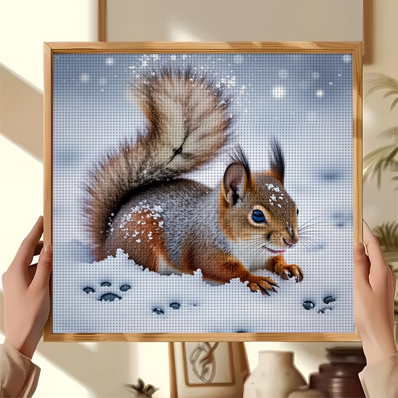 DIY Cross-Stitch Printed Kit, Squirrel in Snow with Snowflakes