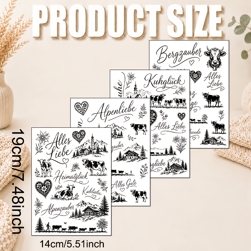TEMU 4pcs (sheets)/suitable For Diy Hand-painted Transfer Paper With Wax/polymer Coated Vinyl - Free-ranging Cows, Twigs & For Mugs, Phone Cases, Car