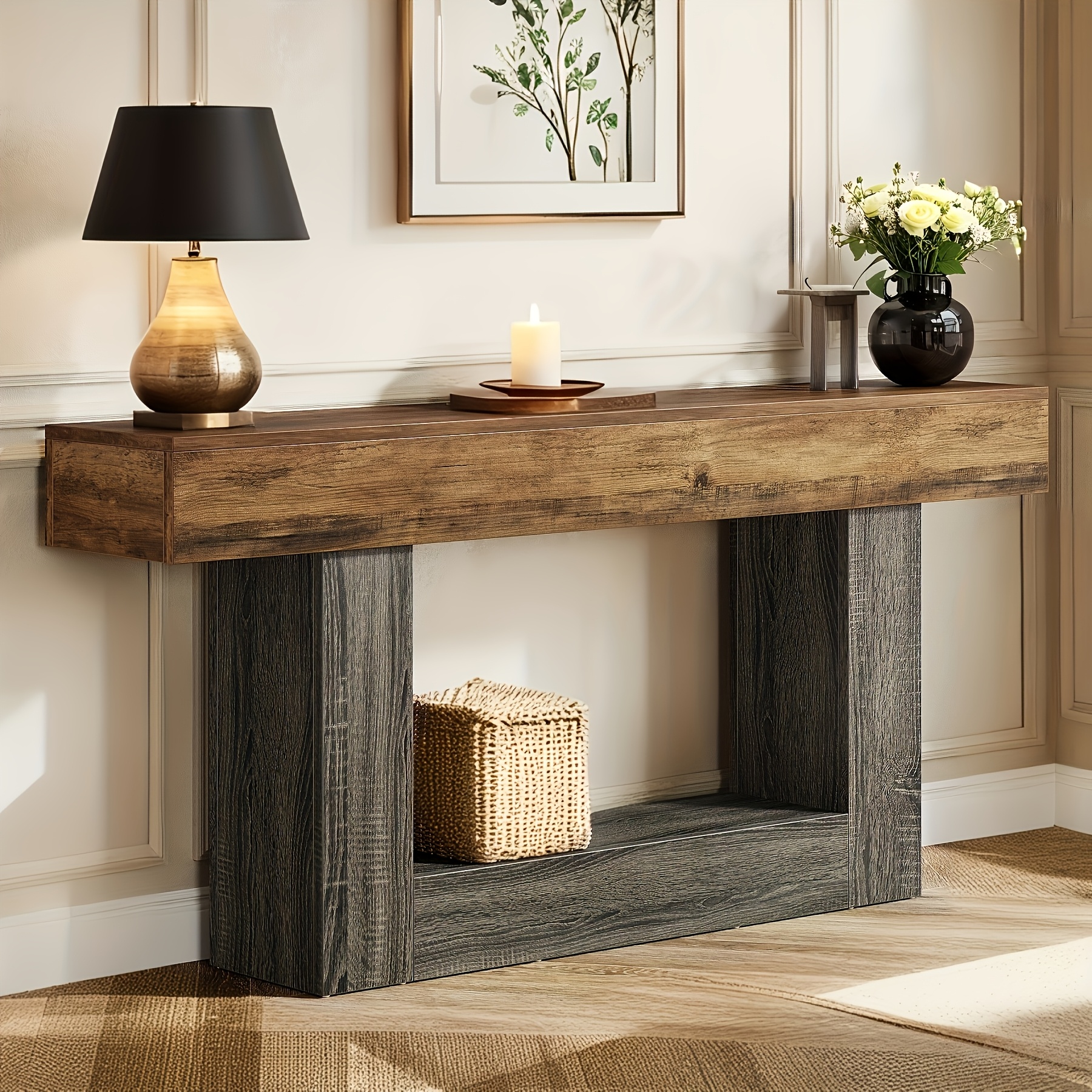 country farmhouse console table with u shaped base durable mdf construction decorated off shelf ideal for living rooms  s or foyers   storage rustic charm