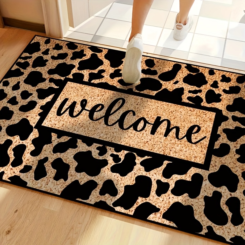 TEMU 1 tapis en velours diamant doré, 1 paillasson motif cuir de vache, marron tendance, tapis antidérapant avec support en résine de silicone,