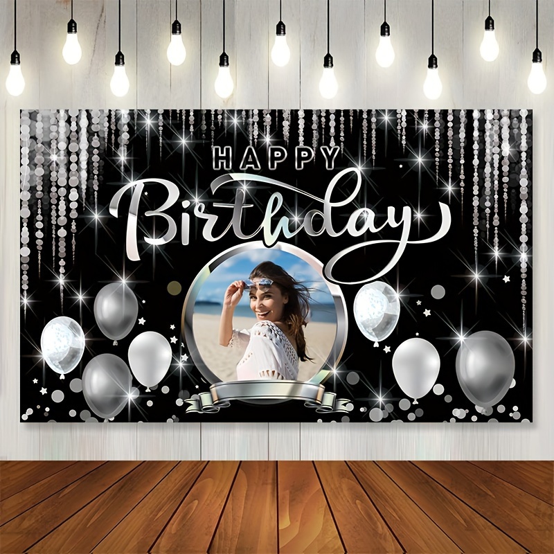 

Custom Happy Birthday Banner - Personalize With Your Photo, Black & Silvery, 41.7x70.8" - Front Porch Decor, Indoor/outdoor Wall Art, And Party Backdrop