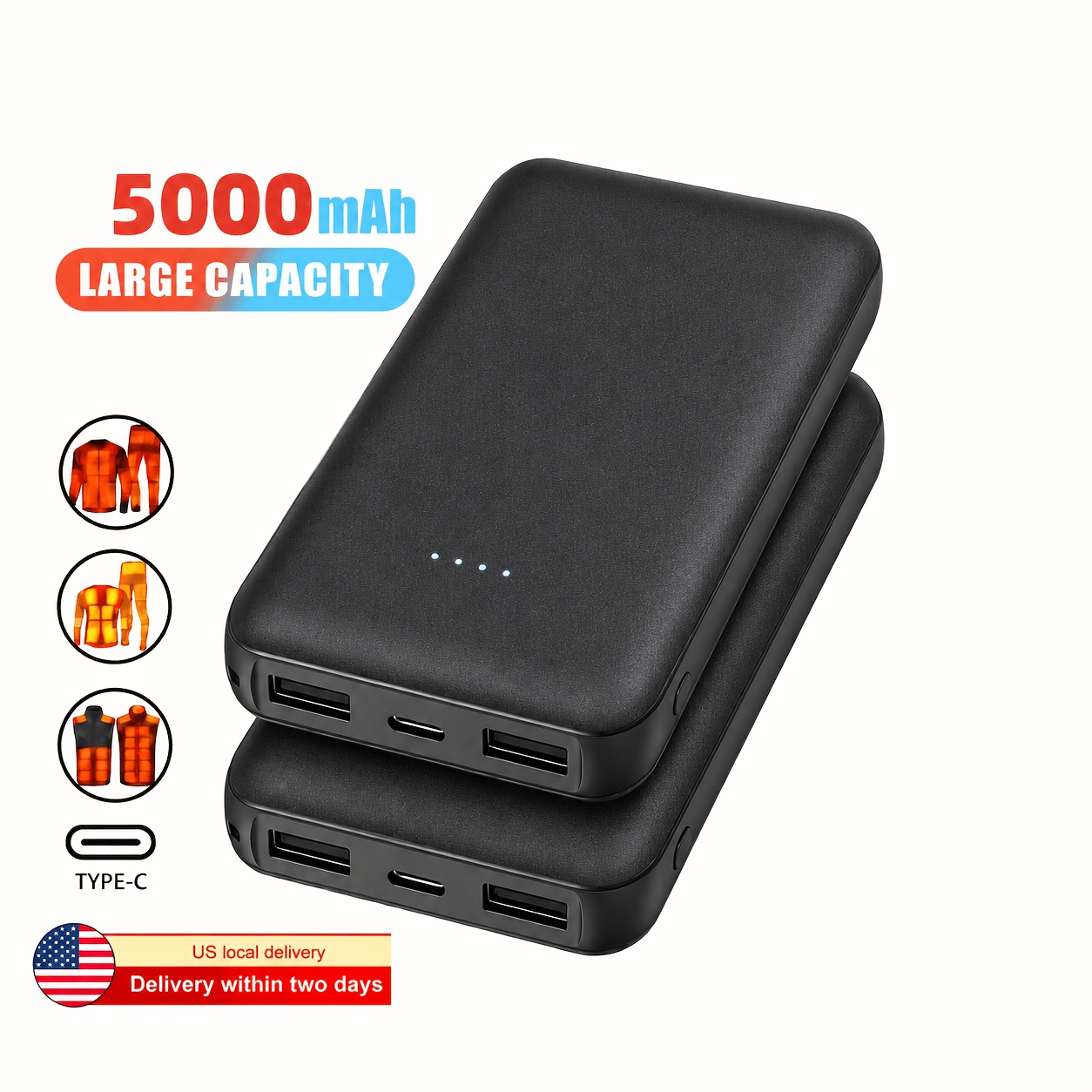 TEMU 5000mah Heated Vest Battery Pack & Portable Power Bank With Usb-c Charger - Compatible For Heated Jackets, Socks, Hoodies, Pants - External