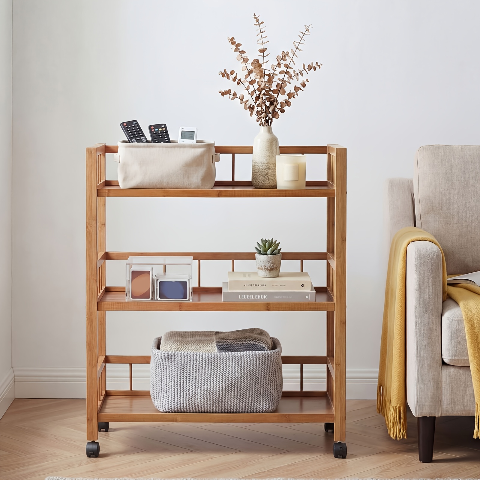Image of Three-tier Wooden Cart In Multiple Sizes, Featuring A Fence Storage Rack And Universal Wheels For . Easy To Clean And Suitable For Use In Bathrooms, Bedrooms, And As A Storage Shelf In Living Rooms
