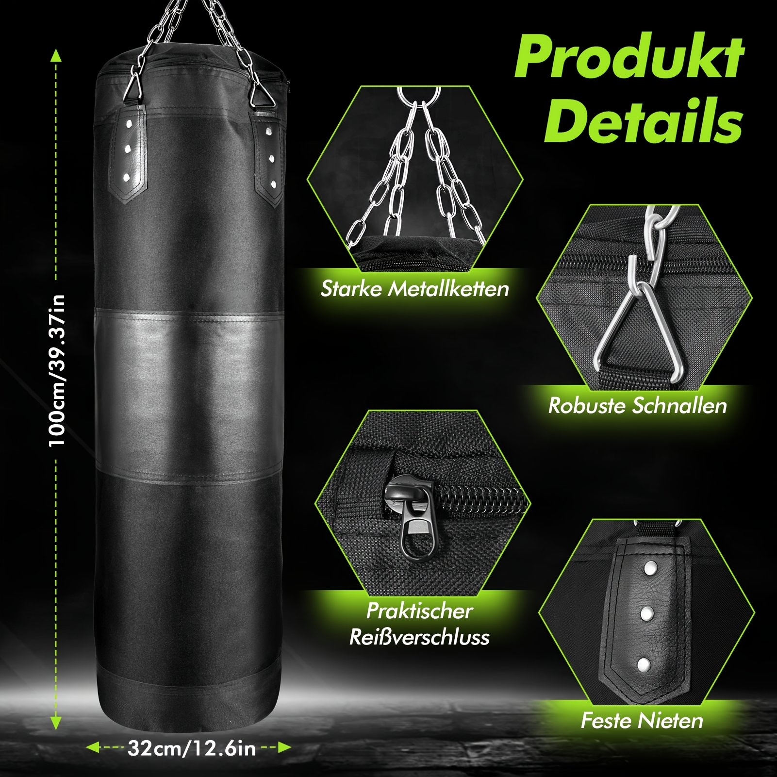 Image of Heavy Punching Bag Hanging Set, 100cm Boxing Bag For All Ages, Pu Leather Punch Bag With Gloves, Wristband, Hanging Chain For Mma Kickboxing Grappling Muay Thai Karate Home Fitness