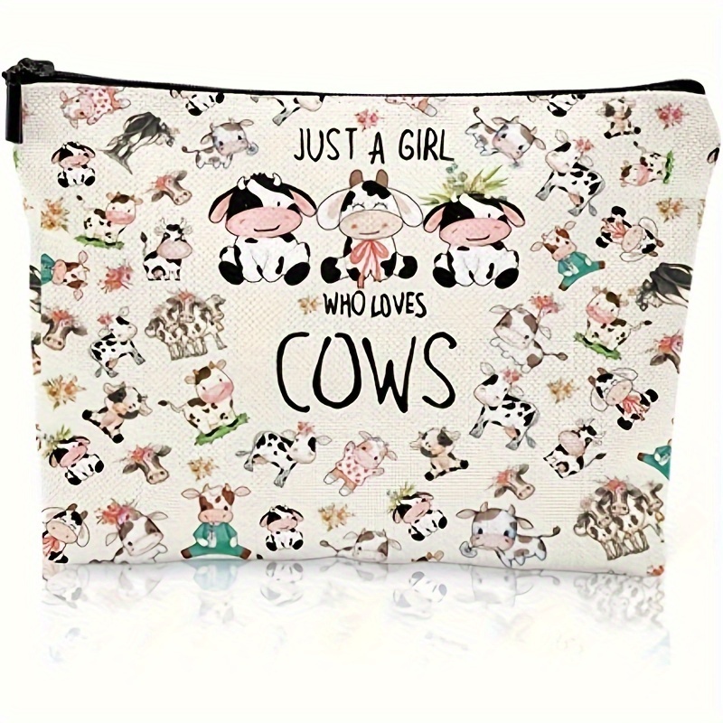 

Cow Print Cosmetic Bag For Women - Spacious & Water-resistant Makeup Organizer With " Who Cows" Design, Polyester, Ideal Gift For