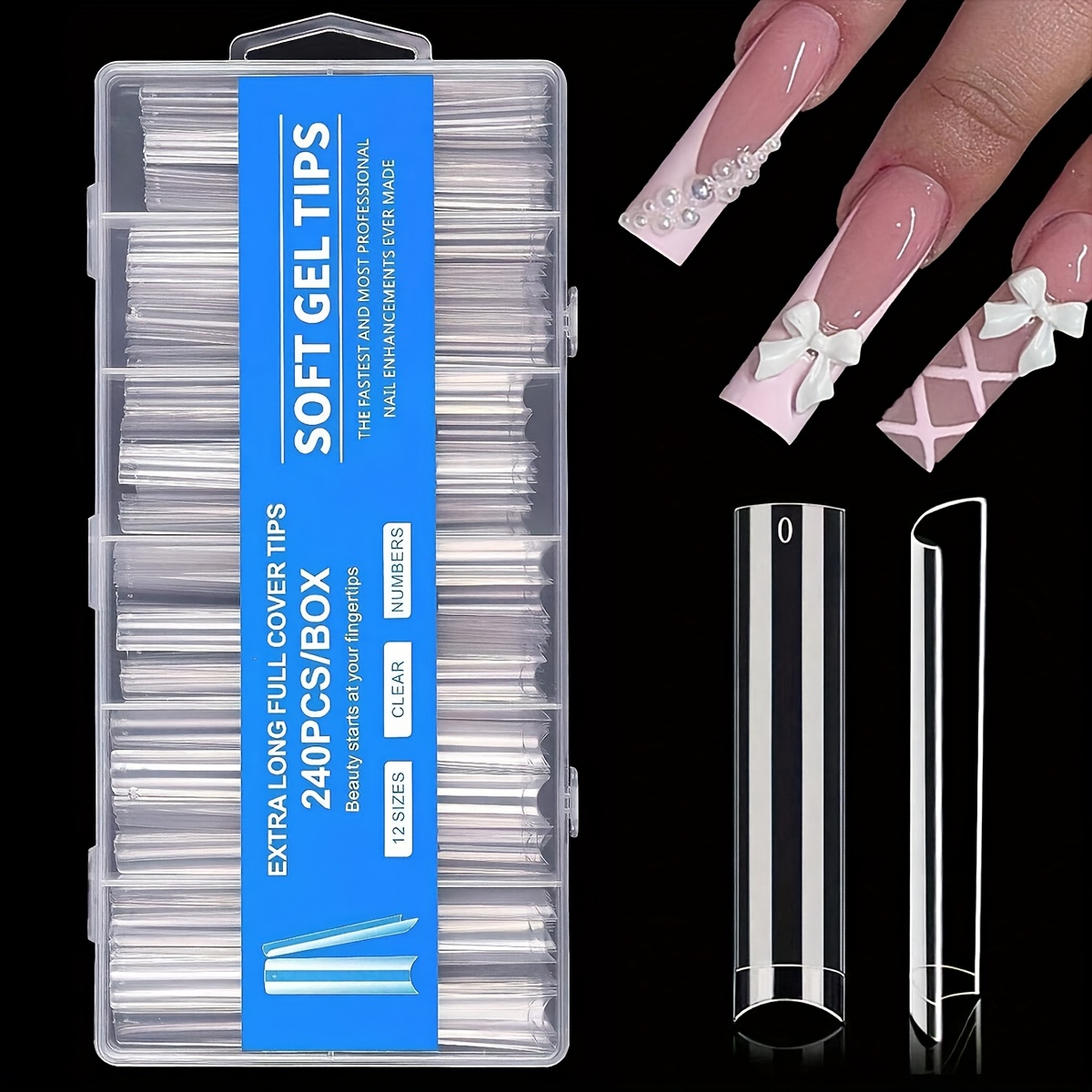 Image of 240pcs Of Clear For Nail Tips Without A , Designed For Acrylic For Nails. Professional-grade, Extra-long 3xl Tips 12 Removable Sizes And Feature A Half Cover With A Straight Tapered Square Design