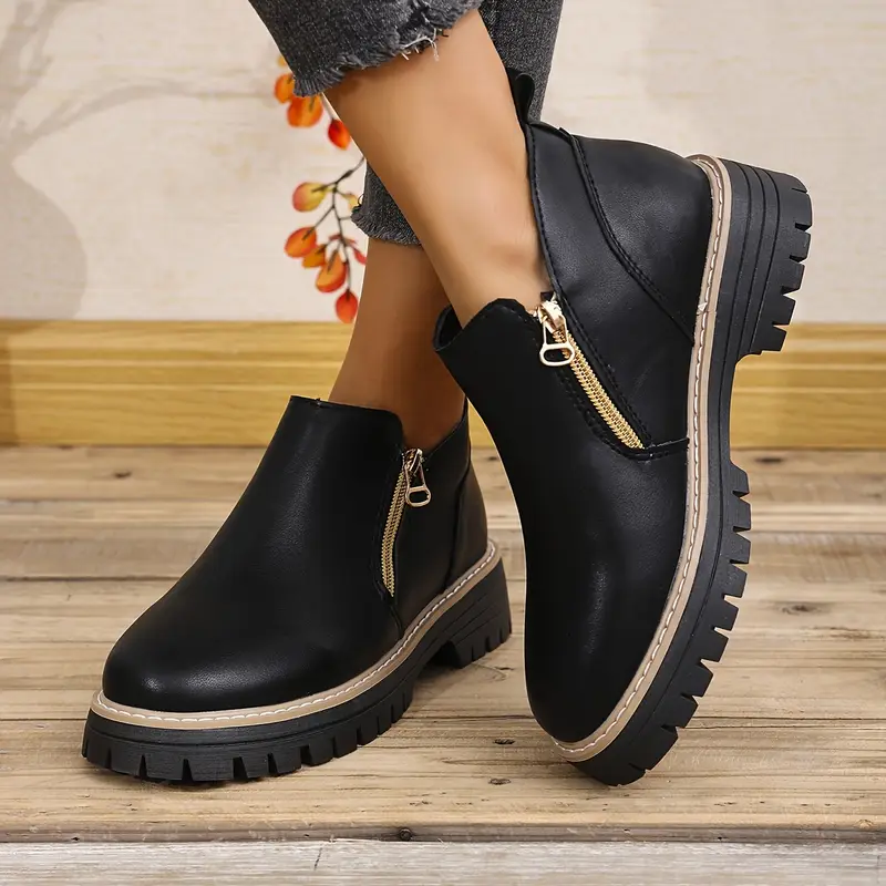 1pr womens classic british style ankle boots solid black pu comfortable season round toe low platform heel dual zipper breathable casual shoes with tpr sole and fabric insole details 0