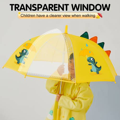 a lightweight dinosaur themed long handle umbrella for children featuring with a unique see through window this must have umbrella for boys aged 2 8 attending kindergarten or school a rounded handle for