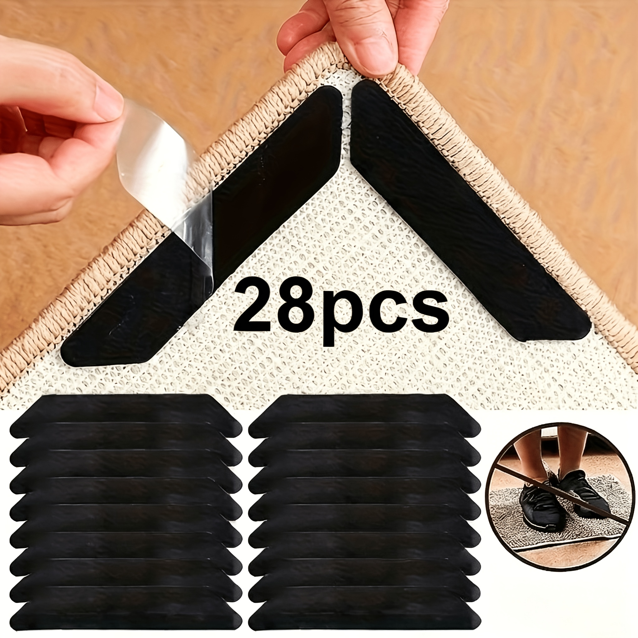 TEMU Lot de 14/28 de fixations antidérapantes pour tapis, ruban adhésif amovible et réutilisable résidu, patins antidérapants avec attaches à bordure