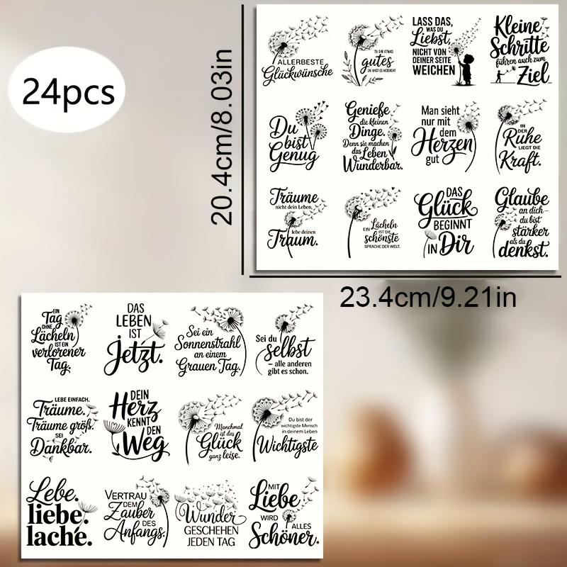 Image of 24pcs Dandelion Theme Uv Dtf Rub On Transfer Stickers For Glasses - German Quotes High Quality, Adhesive, Easy To Paste - Great For Glassware, Bottles, Wood And Furniture Diy Decor