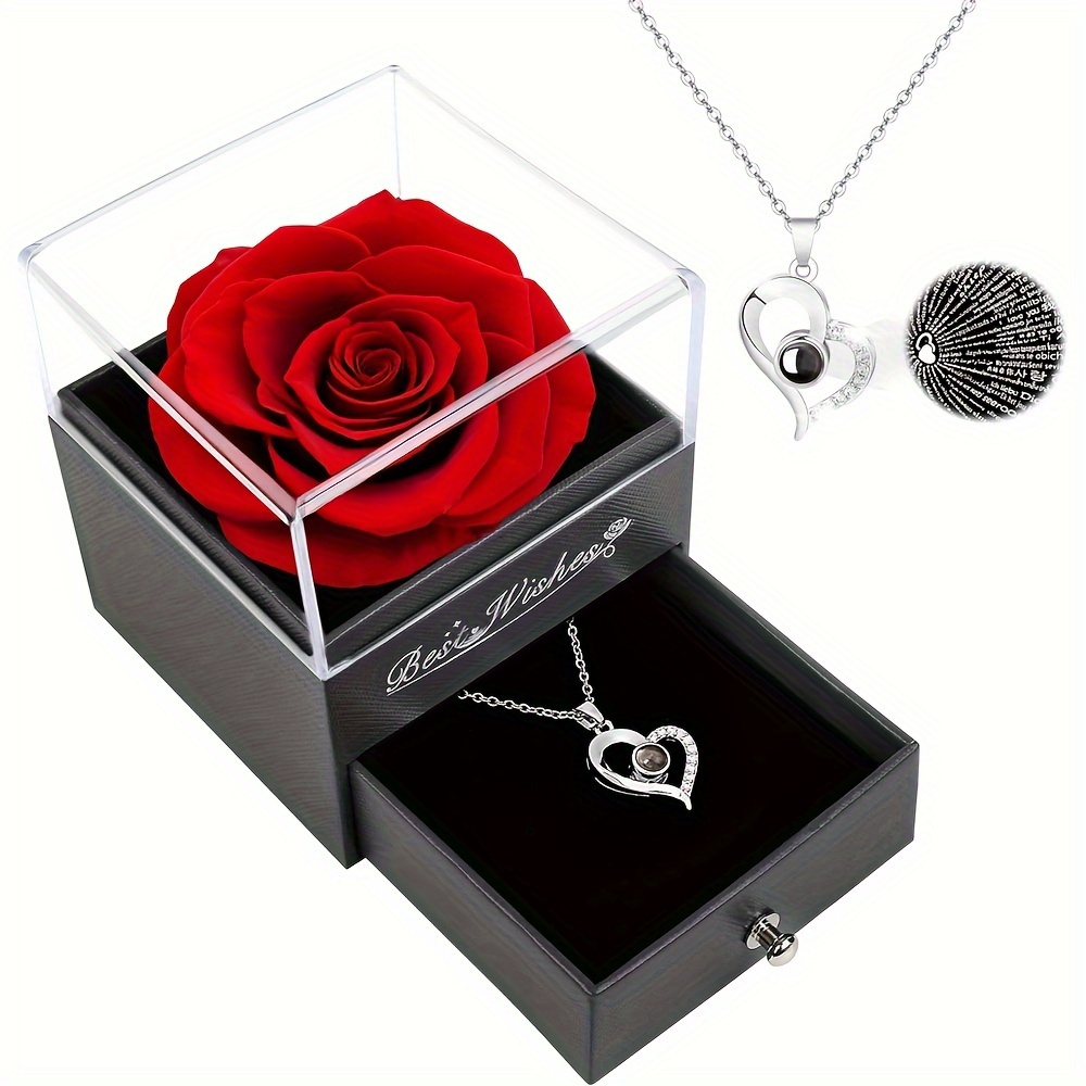 

Forever Red Rose Gift Box With Necklace - Real Eternal Rose With Women Necklace Inside, Real Rose Flower For Valentine's Day Anniversary Wedding Romantic Gifts For Her.