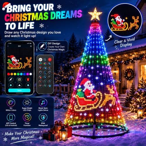 6 9ft christmas cone tree outdoor rgb led lights multicolor app and remote ip44 waterproof music