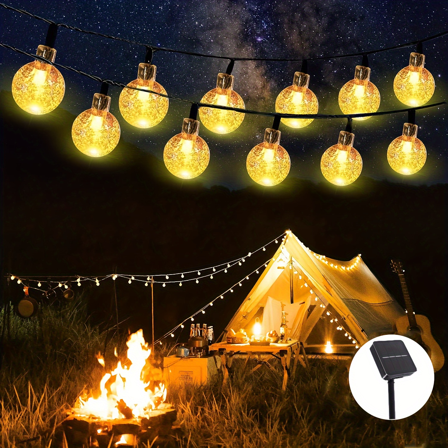 

Solar-powered Outdoor Led Globe String Lights, White Non-changing Color, Plastic Material, Hanging Mount, Solar Battery Charged, No Remote Control Included.