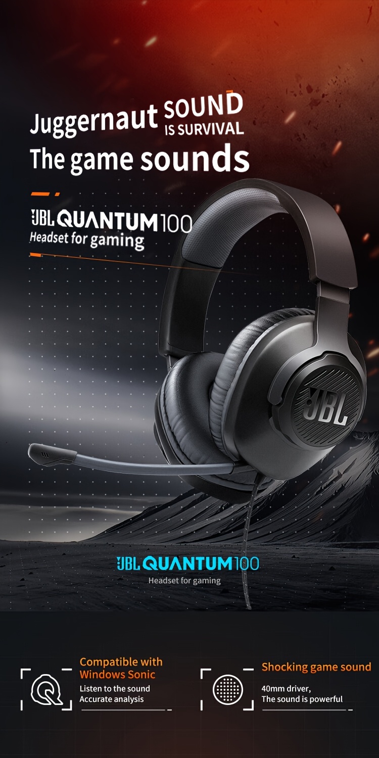 JBL Quantum 100 Over-Ear Gaming Headset, Music Playback Headset, Gaming Headset 3.5mm Connector, Clearly Distinguish Microphone, Mobile Phone, Computer Headset, Gaming Wired Headset
