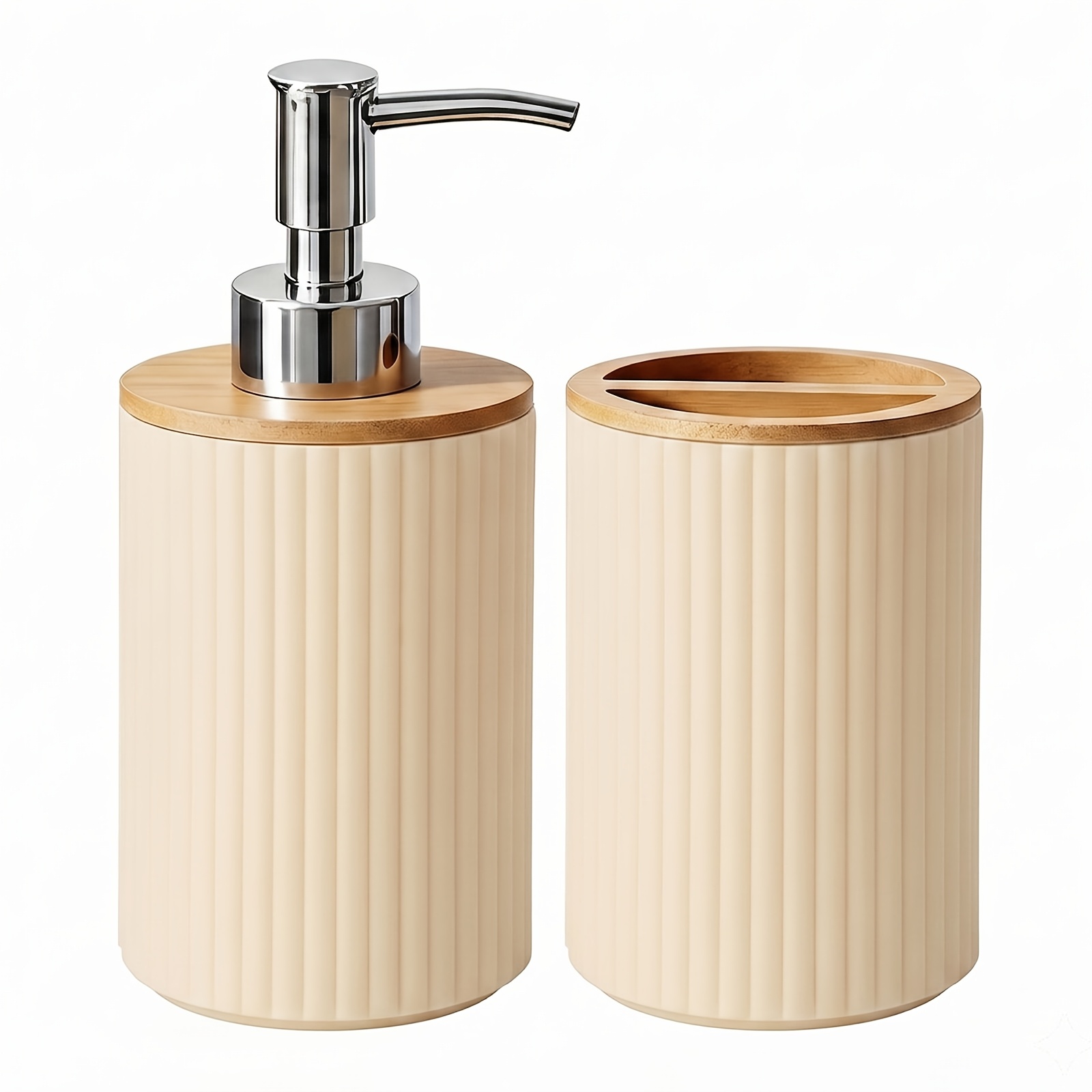 TEMU Bathroom Additions Set, 2pcs Beige Soap Dispenser And Toothbrush Holder, Ribbed Vanity Counter Organizer With Wood-tone Accents, Silvery-tone