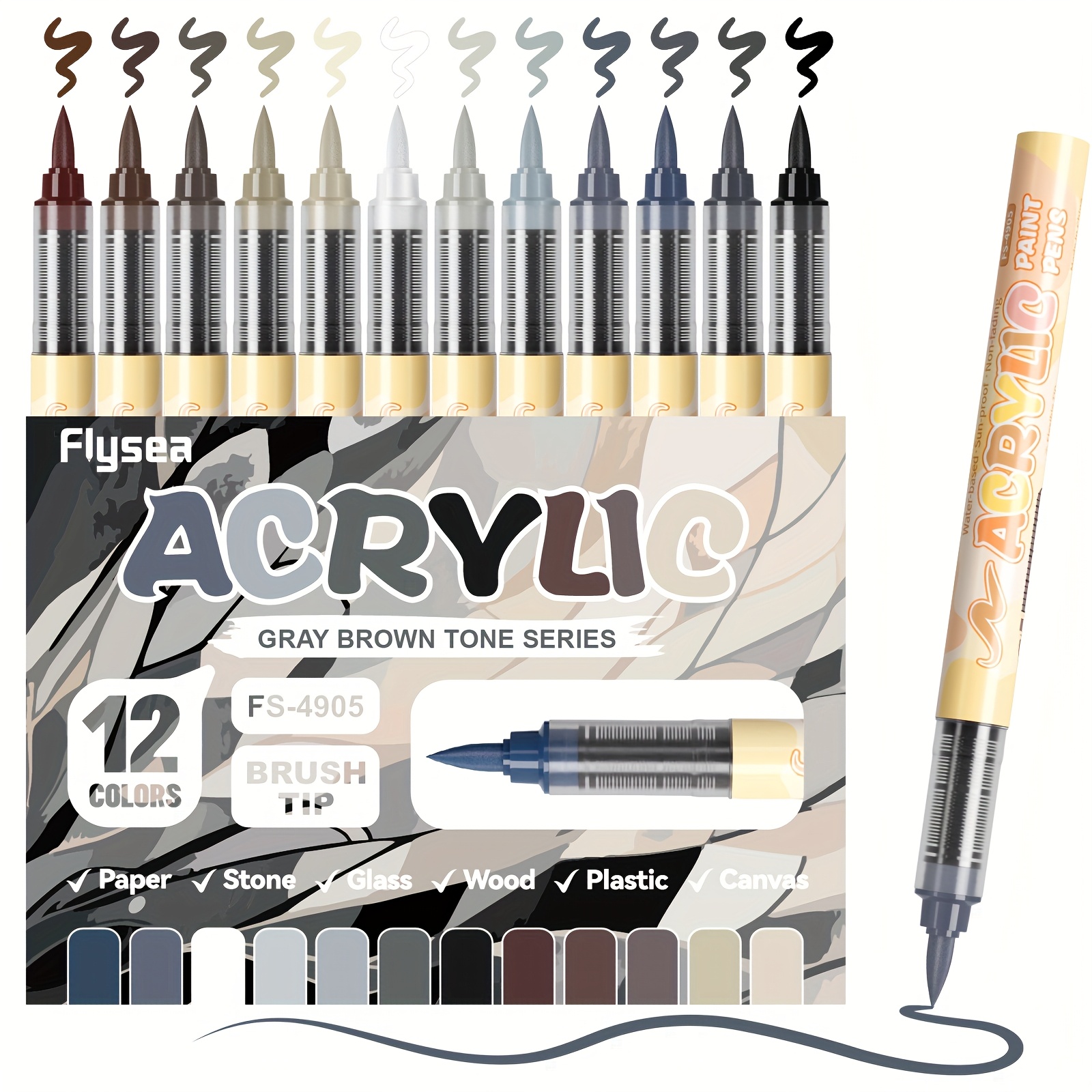 Image of Flysea 12pcs Vibrant Colors Acrylic Paint Marker Pens - Soft, Flexible Brush Tip Paint Markers, Professional Art Supplies, Multi-surface Use