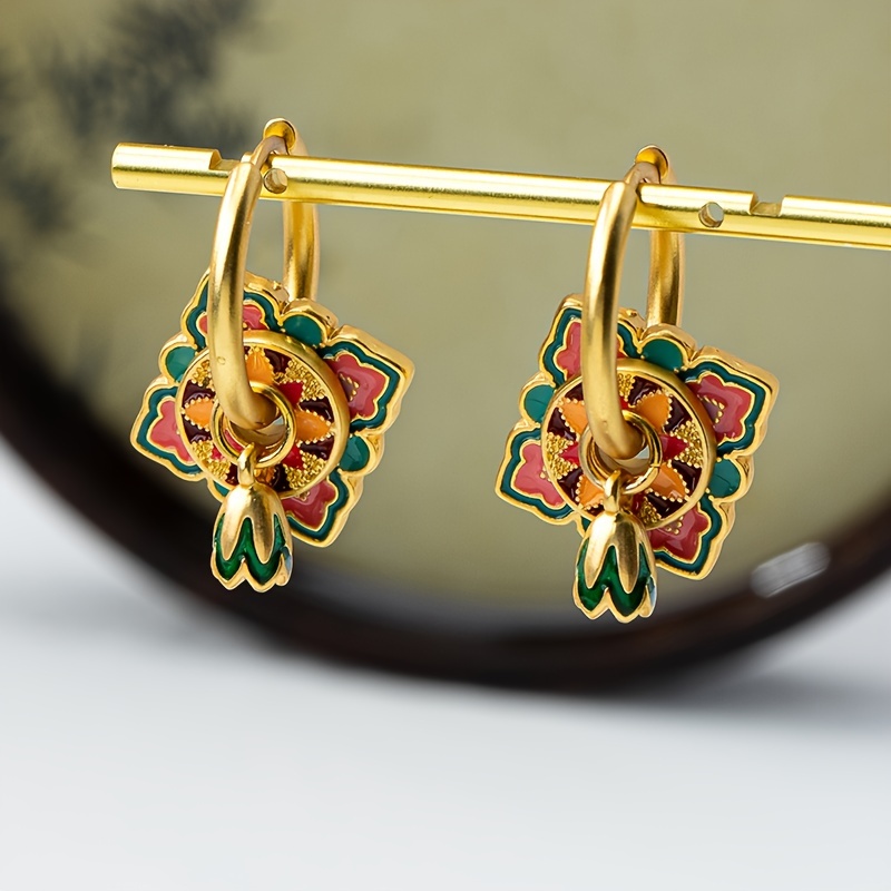 TEMU 18k Golden Plated Copper Enamel Painted Vintage Style Convertible Dangle Earrings, Elegant , Hypoallergenic Ear Needle, Versatile For Daily And Party Occasions, With Resin Inlay, For All Fit