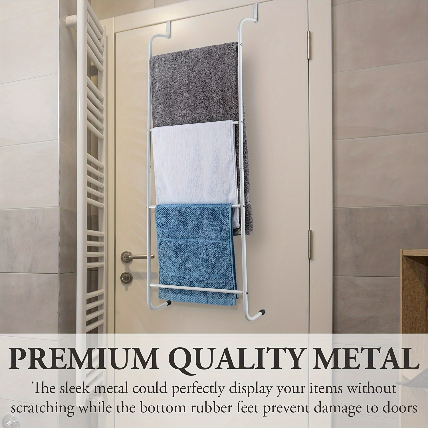 Door Hook Towel Rack with White Metal Trapezoidal Bathroom Towel  Hanging Storage Clothes Drying Rack without Towels