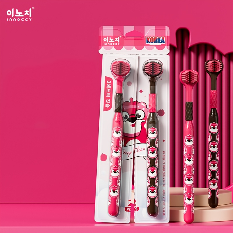 Cute Strawberry Bear Three-Sided Toothbrush, 2-Pack