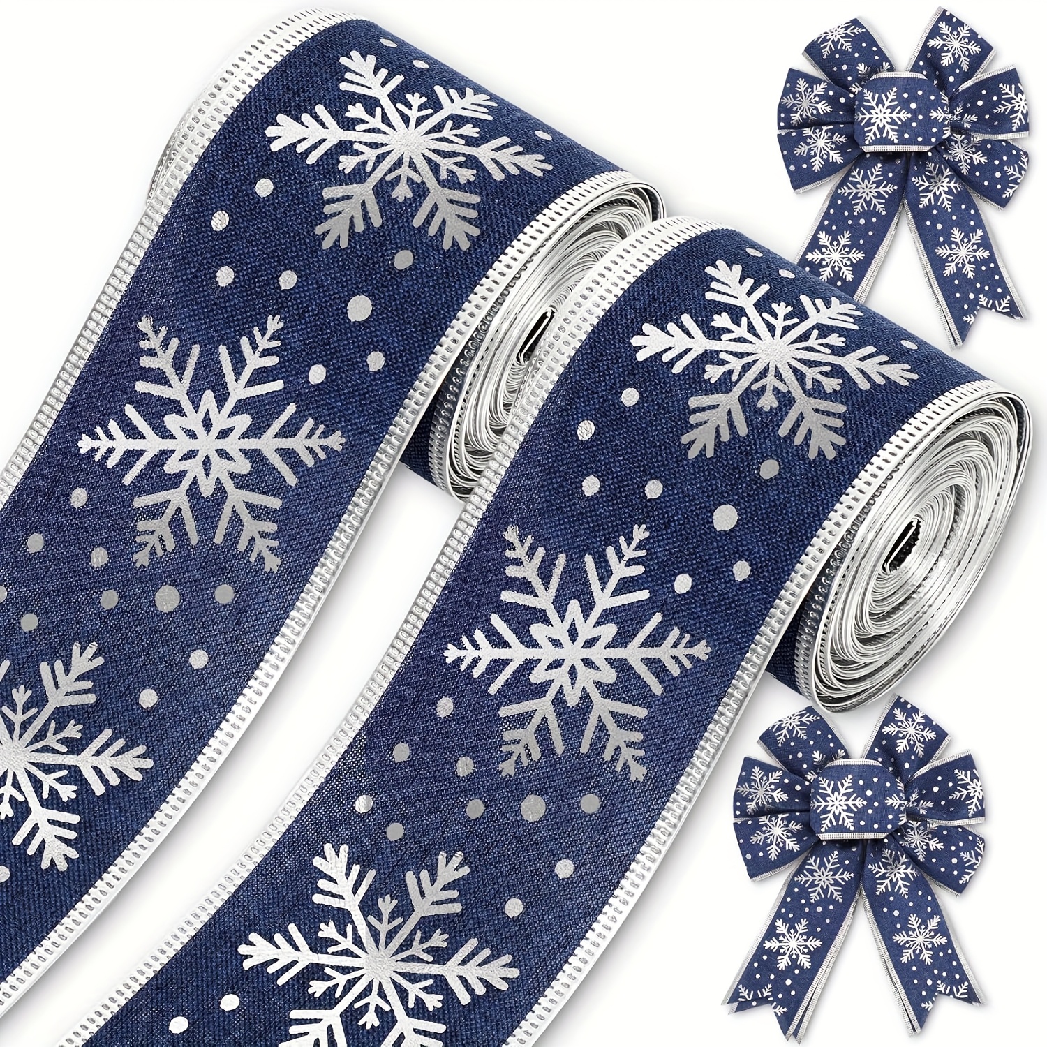 TEMU 2 Rollos de Cinta de Alambre Navideña, Cinta de Tela de Invierno con Plateados Azules para Hacer Coronas y , Suministros de Embalaje,
