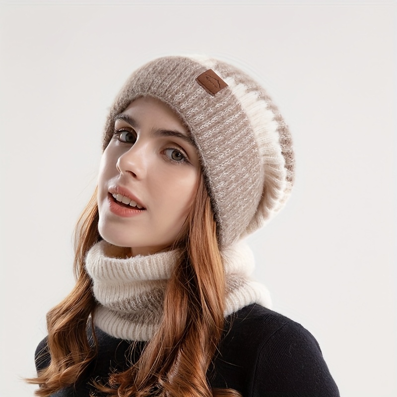 Winter Woen 3 In 1 Knitted Ski Hat With Scarf Neck Warer Fleece