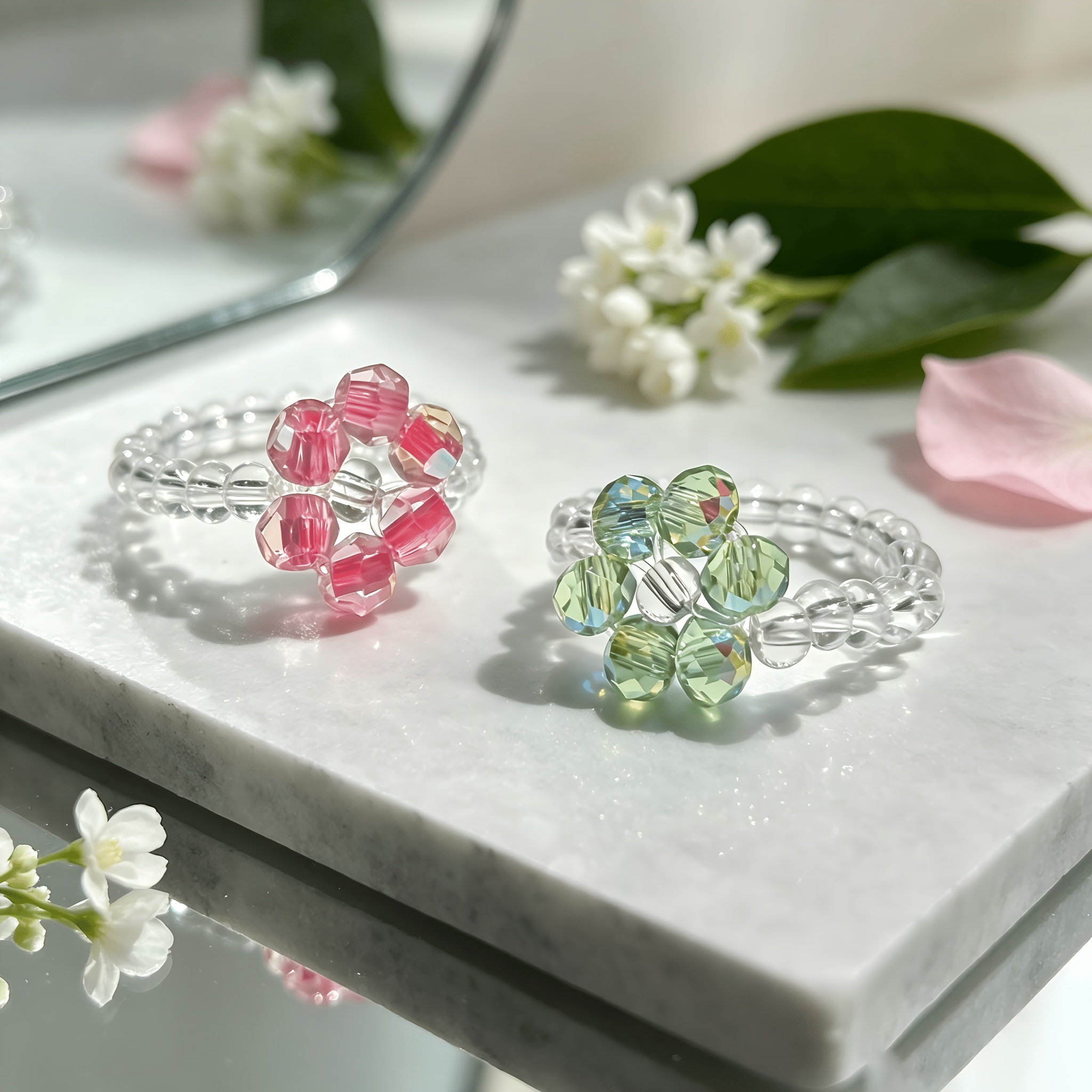 Women's Adjustable Elastic Cord Flower Shape Ring with Crystal