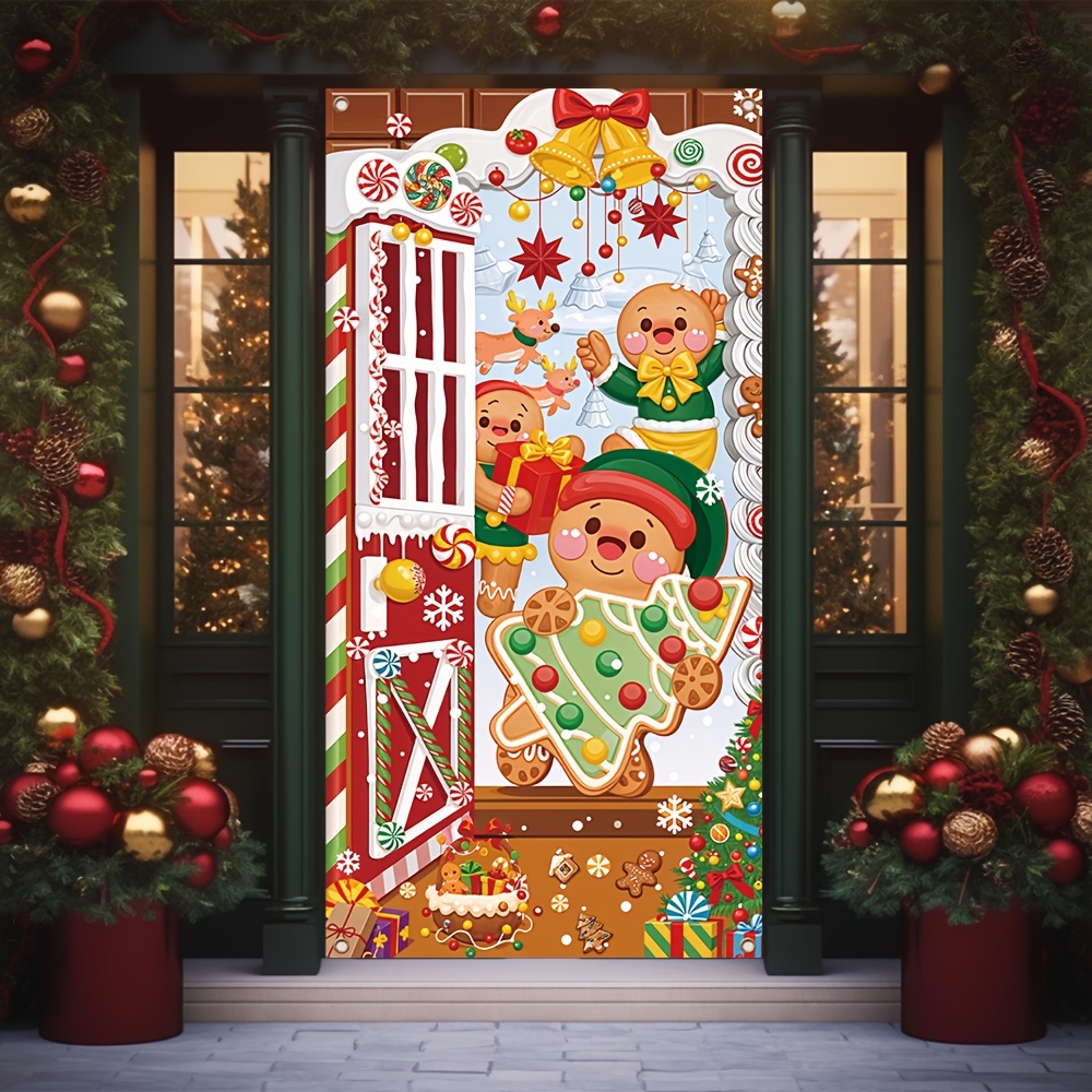 

Christmas Gingerbread Door Banner, Polyester Holiday Entryway Decoration, Festive Gingerbread House Design For Winter, Christmas, And New Year Celebrations, Fits Standard Doors (35.4 X Inches)