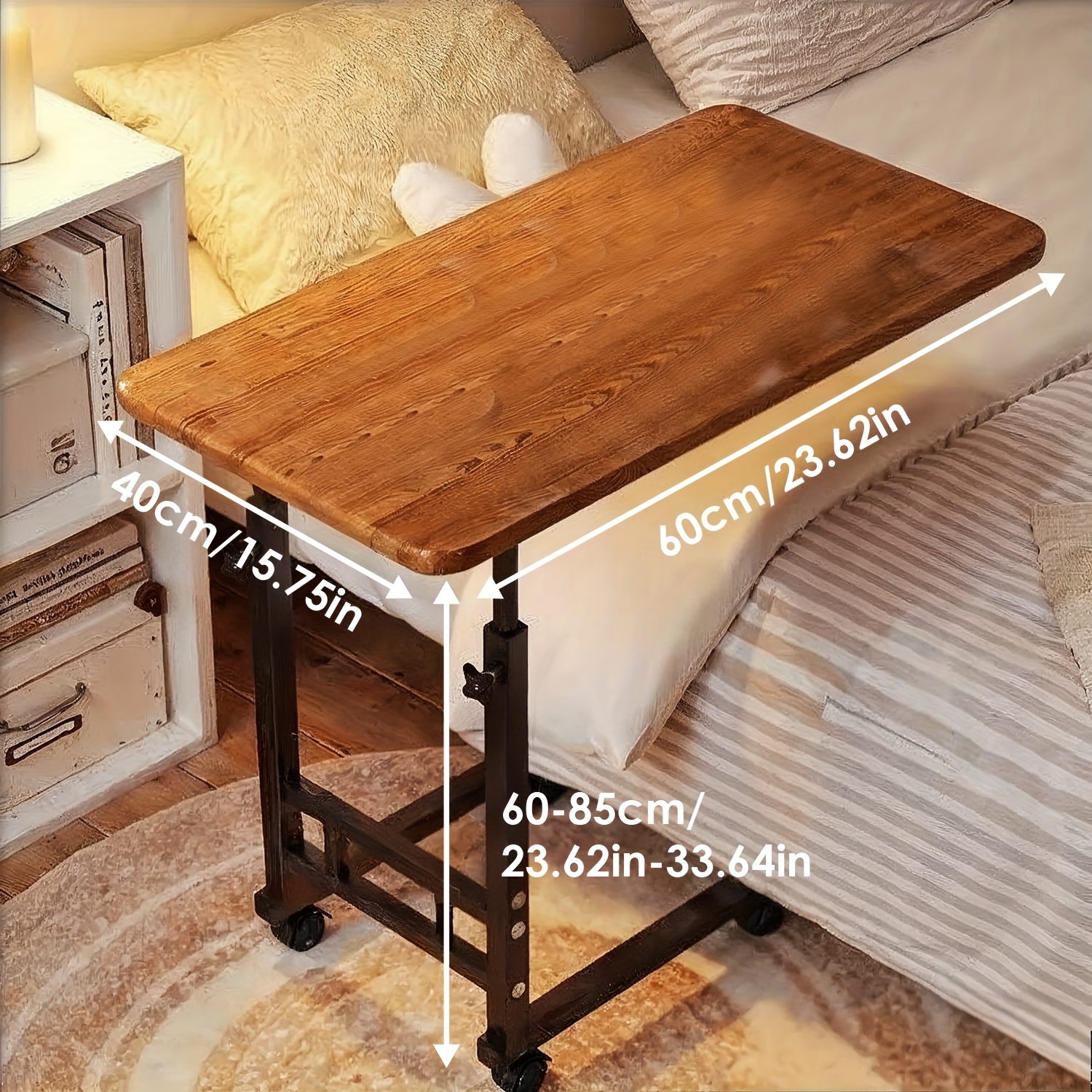 TEMU Adjustable Height Laptop Desk For Bed & Sofa - Mobile Rolling Bedside Table With Wheels, Compact Overbed Table Suitable For Home, Office, Table